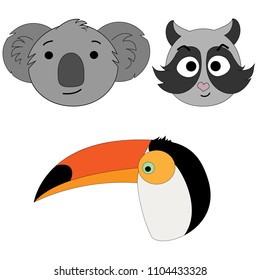 Set of vector illustrations of animal heads. Koala, raccoon, toucan. Cartoon print.
