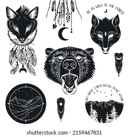 set of vector illustrations. Animal heads, mountains, feathers