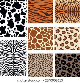 Set of vector illustrations of animal prints. Animal print. Cow, zebra, tiger, lion, leopard and cheppard print.