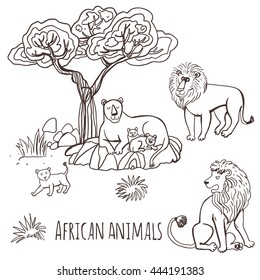 Set of vector illustrations. Animals of Africa in a cartoon style. Isolated on white background. Black-and-white image suitable for coloring books and books for children