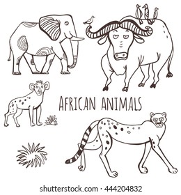 Set of vector illustrations. Animals of Africa in a cartoon style. Isolated on white background. Black-and-white image suitable for coloring books and books for children