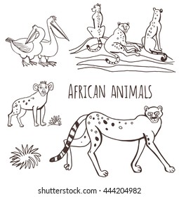 Set of vector illustrations. Animals of Africa in a cartoon style. Isolated on white background. Black-and-white image suitable for coloring books and books for children