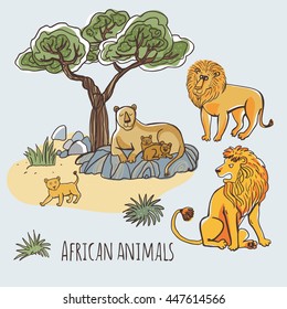 Set of vector illustrations. Animals of Africa in a cartoon style. Isolated on white background. Bright, stylish image.