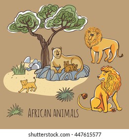 Set of vector illustrations. Animals of Africa in a cartoon style. Isolated on white background. Bright, stylish image.
