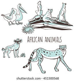 Set of vector illustrations. Animals of Africa in a cartoon style. Isolated on white background. 