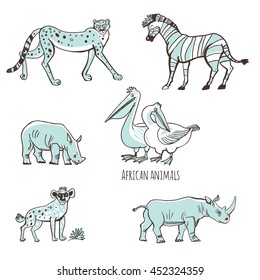 Set of vector illustrations. Animals of Africa in a cartoon style. Isolated on white background. Outline leopards, pelicans, rhinos, hyenas, zebras.