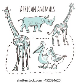 Set of vector illustrations. Animals of Africa in a cartoon style. Isolated on white background. Funny sketches giraffes, rhinos and pelicans.