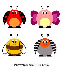 Set of vector illustrations of animals. Cute comic ladybug, wasp, potato beetle and butterfly, isolated on the white background.Series of Animals and Insects Illustrations.