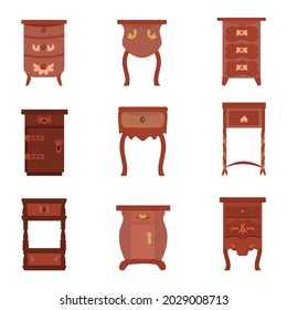 set of vector illustrations of antique bedside tables, dressers and bureaus in a flat cartoon style