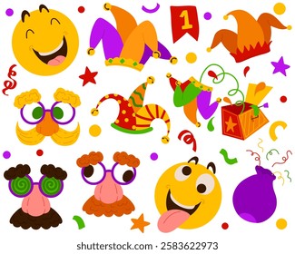 Set of vector illustrations for April Fool’s Day pranks. Humorous bright design perfect for practical jokes. Jack in the box, jester's hat, emoji, fake nose for stickers, greeting cards, party, web