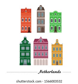 Set of vector illustrations of architectural European buildings. Design of Dutch colorful houses isolated white background.