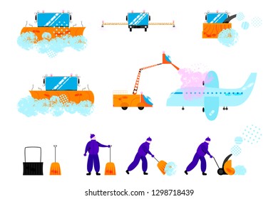 Set of vector illustrations of assorted snow removal equipment and janitors in cartoon flat style