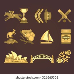 Set of vector illustrations Australia and Sydney in sepia style