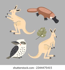 Set of vector illustrations of Australian animals in flat style: platypus, kangaroo and kookaburra bird.