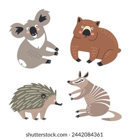 Set of vector illustrations of Australian animals in flat style: echidna, wombat, koala and anteater