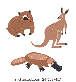 Set von Vektor-Illustrationen von australischen Tieren im flachen Stil: Känguru, Wombat, Platypus