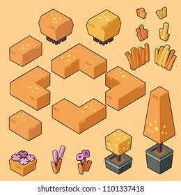 Set vector illustrations of Autumn bush, grass and elements for garden/forest in minimal isometric design. ( Isolated  on background) 