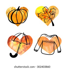 Set of vector illustrations of autumn objects on bright colorful hearts. Sketchy outlines on yellow, orange and brown paper textured background. Hand drawn artistic hearts and black doodle elements.