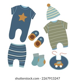 Set of vector illustrations of baby clothes for a boy. Newborn baby outfit flat icons. Little boy dress up cartoon elements. Body, overalls, t-shirts, socks. Collection of children's clothing.