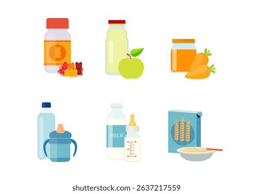 Set of vector illustrations of baby food and vitamins. Stock Illustration