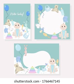 Set of vector illustrations with baby and baby items. Banners, posters, flyers for a children's party