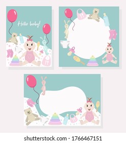 Set of vector illustrations with baby and baby items. Banners, posters, flyers for a children's party