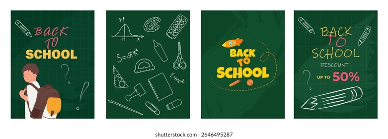 A set of vector illustrations Back to school.Hello school.Illustration templates can be used for stickers, postcards, banners, posters.
