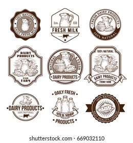 Set of vector illustrations, badges, stickers, labels, stamps for milk and dairy products for packaging, advertising and grocery stores