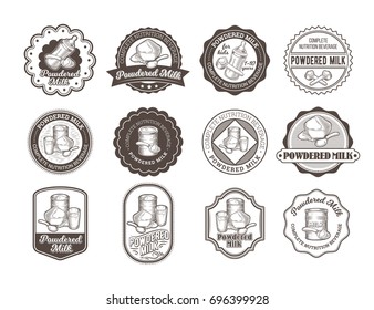 Set of vector illustrations, badges, stickers, labels for milk powder, baby food in the style of engraving isolated on white