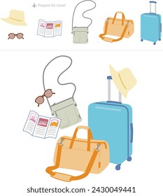 Conjunto de ilustraciones vectoriales de bolso, sacoche, sombrero, gafas de sol, folleto y preparación de viaje