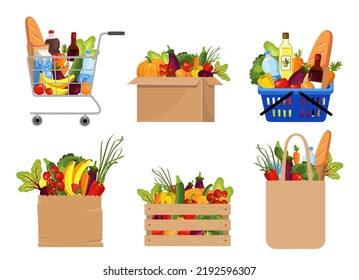 Set Of Vector Illustrations For Bags And Baskets. Grocery Shopping, Paper Bag, Wooden Box Groceries Box. Natural Food, Organic Fruits And Vegetables. Department Store Goods