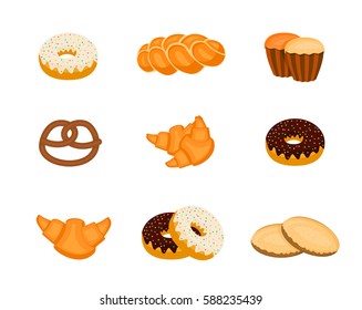 Set of vector illustrations with bakery objects. Sweet bun, croissant, cake, donut products isolated on white.