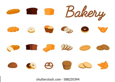 Set of vector illustrations with bakery products. Bread, sweet bun, cookies, croissant, cake, donut isolated on white.