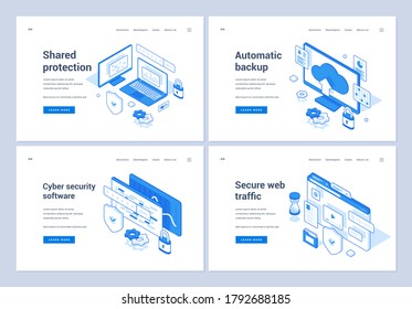 Conjunto de ilustraciones vectoriales de banners publicitarios de diversas aplicaciones contemporáneas fuera de línea y medidas en línea para la protección de computadoras personales contra el crimen cibernético. Banderas web isométricas en 3D