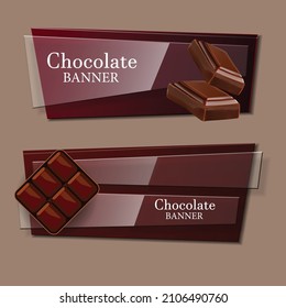 Set of vector illustrations, banners with chocolate sweets, cocoa beans and melted chocolate.