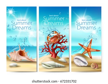 Set of vector illustrations, banners of a summer sandy beach with seashells, pebbles, starfish, crab and coral against the turquoise sky and the sea. Excellent advertising posters for a travel agency