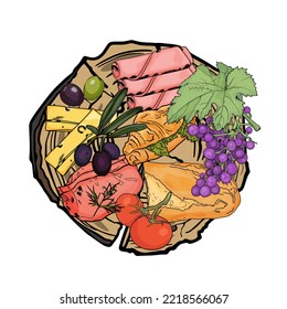 Set of vector illustrations, barbecue elements, various meats, sausages isolated on white. Print, template, design element. Illustration of food top view on a wooden plate. Print, logo.