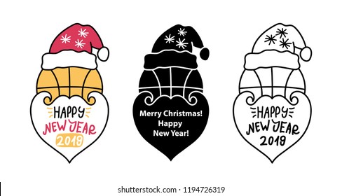 Set Vector illustrations for basketball, outline. Design element for New Year and Christmas, ball with a beard and a hat of Santa Claus. Sports typography design.