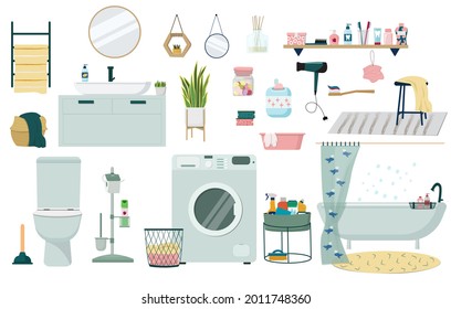 Un conjunto de ilustraciones vectoriales de elementos de baño y aseo. Productos de limpieza, accesorios, fregadero, toallas, tazón de aseo, cremallera de papel higiénico, lavadora.