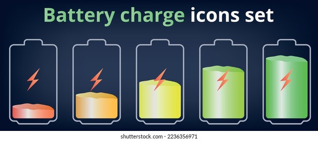 Set of vector illustrations. Battery charge status. Battery status display. Accumulated electricity. Alternative energy. Green energy.