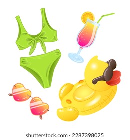 Set of vector illustrations of beach accessories. Swimming circle in the form of a duck, swimsuit, sunglasses