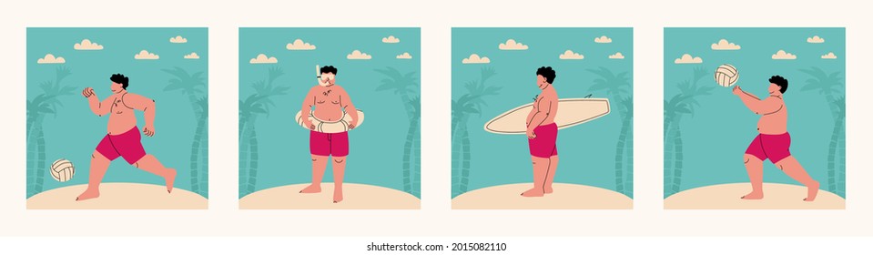 Set of vector illustrations, beach sports and entertainment. Fat man in a swimsuit on the beach with palm trees. Surfing, football, volleyball, swimming. Sport of big people.