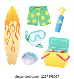 Set of vector illustrations of beach summer accessories. Surfboard, swim mask, swim trunks, cooler, sunscreen, seashell