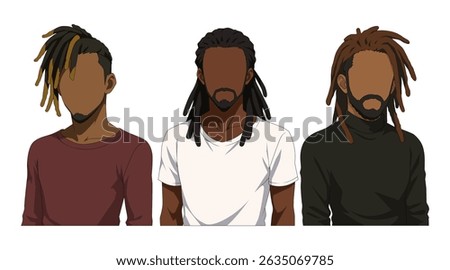 Set vector illustrations bearded black man with cornrow. Gentleman portrait cartoon with unique hairstyle. Stylish black male in dreadlocks style. Flat avatar face with various haircut.