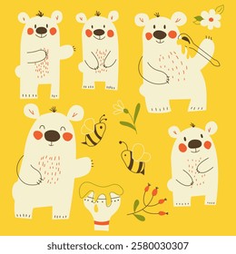 A set of vector illustrations of bears with honey and bees on a bright yellow background. Animals for children's clothes or fabrics with simple shapes.