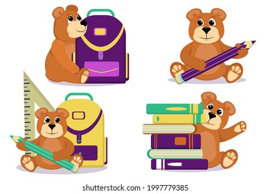 a set of vector illustrations with bears on the theme back to school isolated on a white background