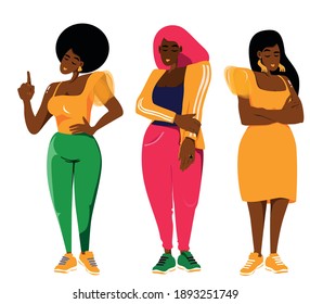 Set of vector illustrations of beautiful black women of large sizes in different outfits. Set of poses and looks