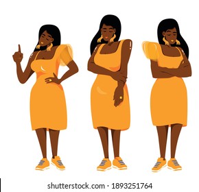 Set of vector illustrations of beautiful black women of large sizes in a yellow bridesmaid dress and sneakers. Set of poses