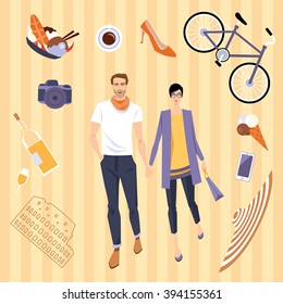 Set of vector illustrations. Beautiful couple traveling together and the Italian collection