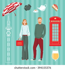 Set of vector illustrations. Beautiful couple traveling together and the British collection